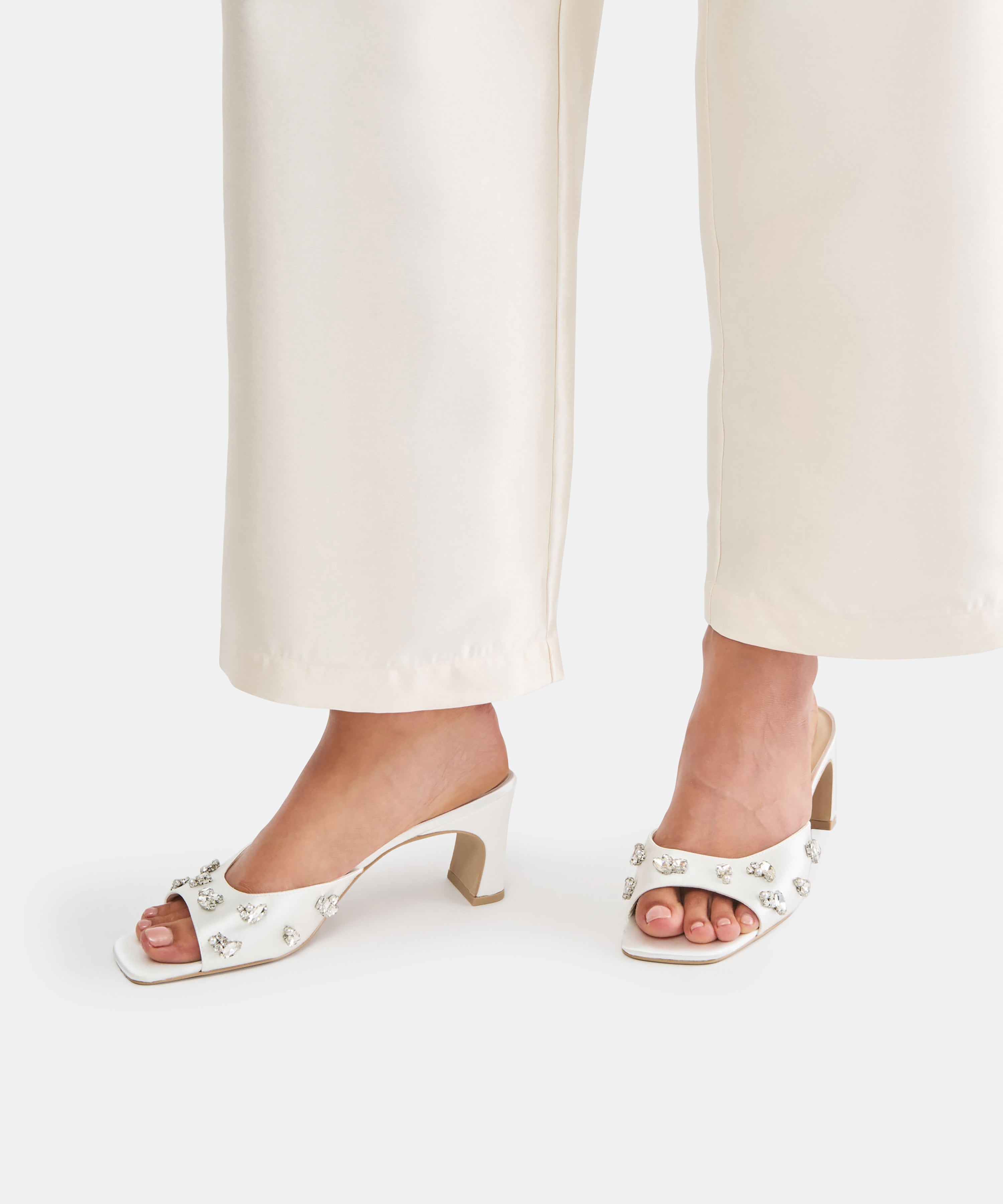 GENENE RHINESTONE HEELS WHITE SATIN